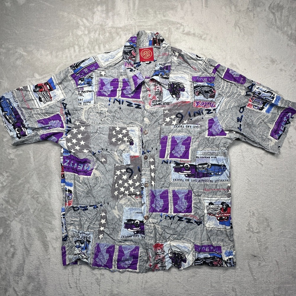 Vintage Lucky Luke Shirt Mens M Gray Rayon Classic Cars Graphic 90s Button Up